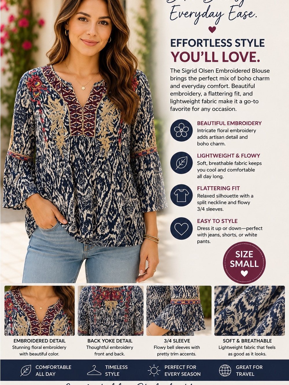 Sigrid Olsen Navy Multicolor Embroidered Peasant Blouse